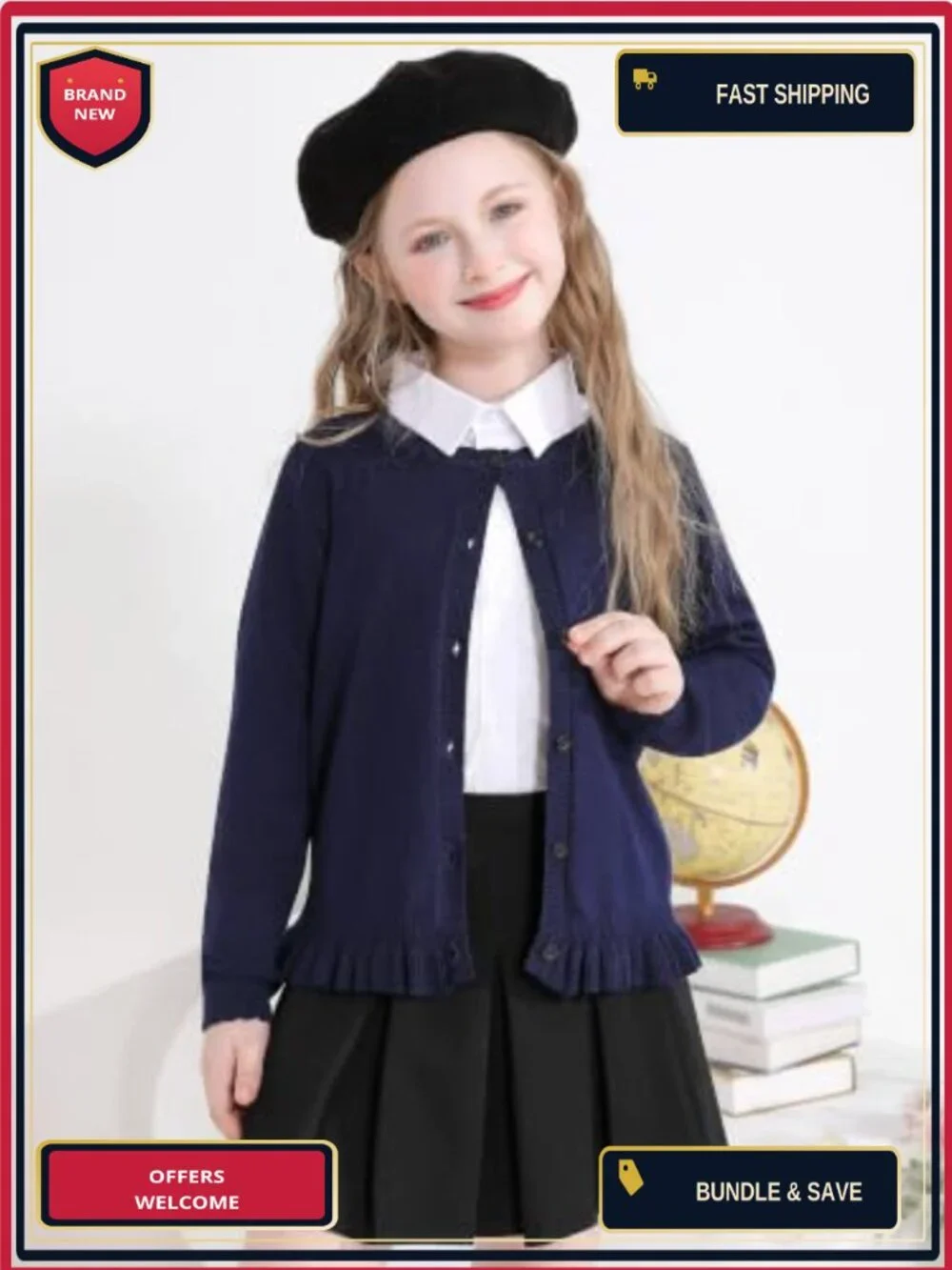 Girls Ruffle Long Sleeve Knit Cardigan Sweater Button Up
